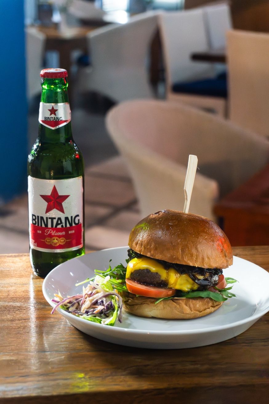 Giant Beef Burger with a cold Bintang