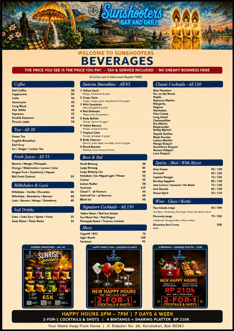 Sun Shooters beverages menu board