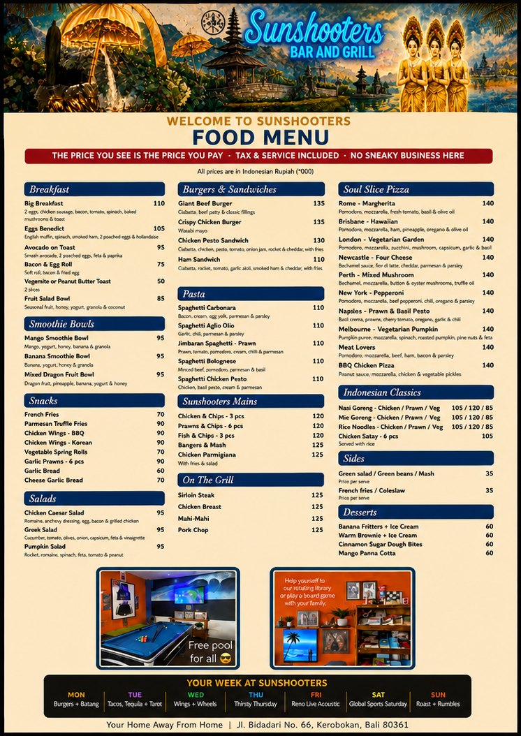 Sun Shooters food menu board