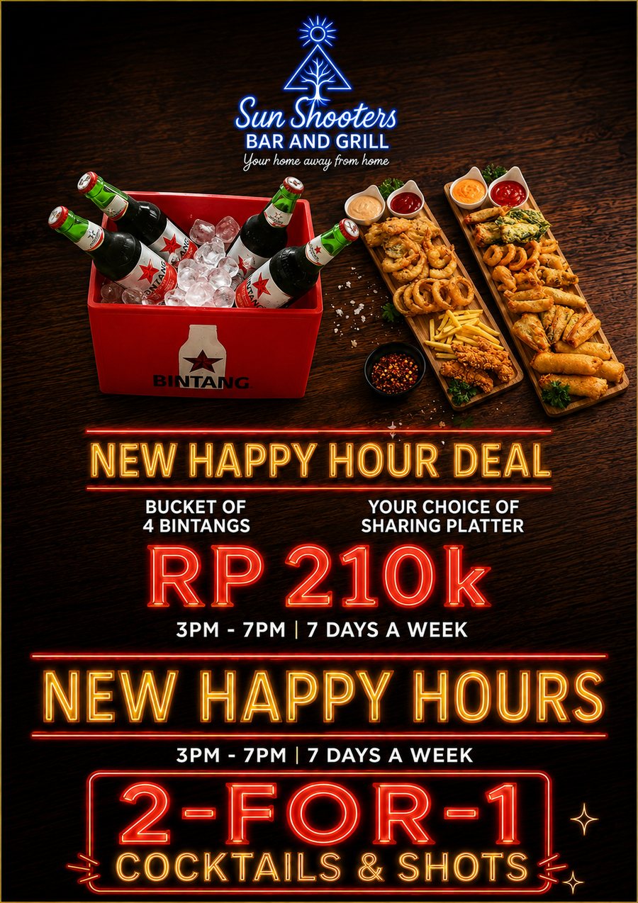 New happy hour deal: bucket of 4 Bintangs with your choice of sharing platter, Rp 210k — 3pm to 7pm, 7 days a week