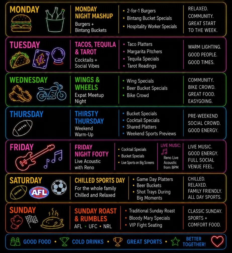 Weekly line-up at Sun Shooters: Monday Night Mashup, Tacos Tequila & Tarot, Wings & Wheels, Thirsty Thursday, Friday Night Footy, Chilled Sports Day and Sunday Roast & Rumbles