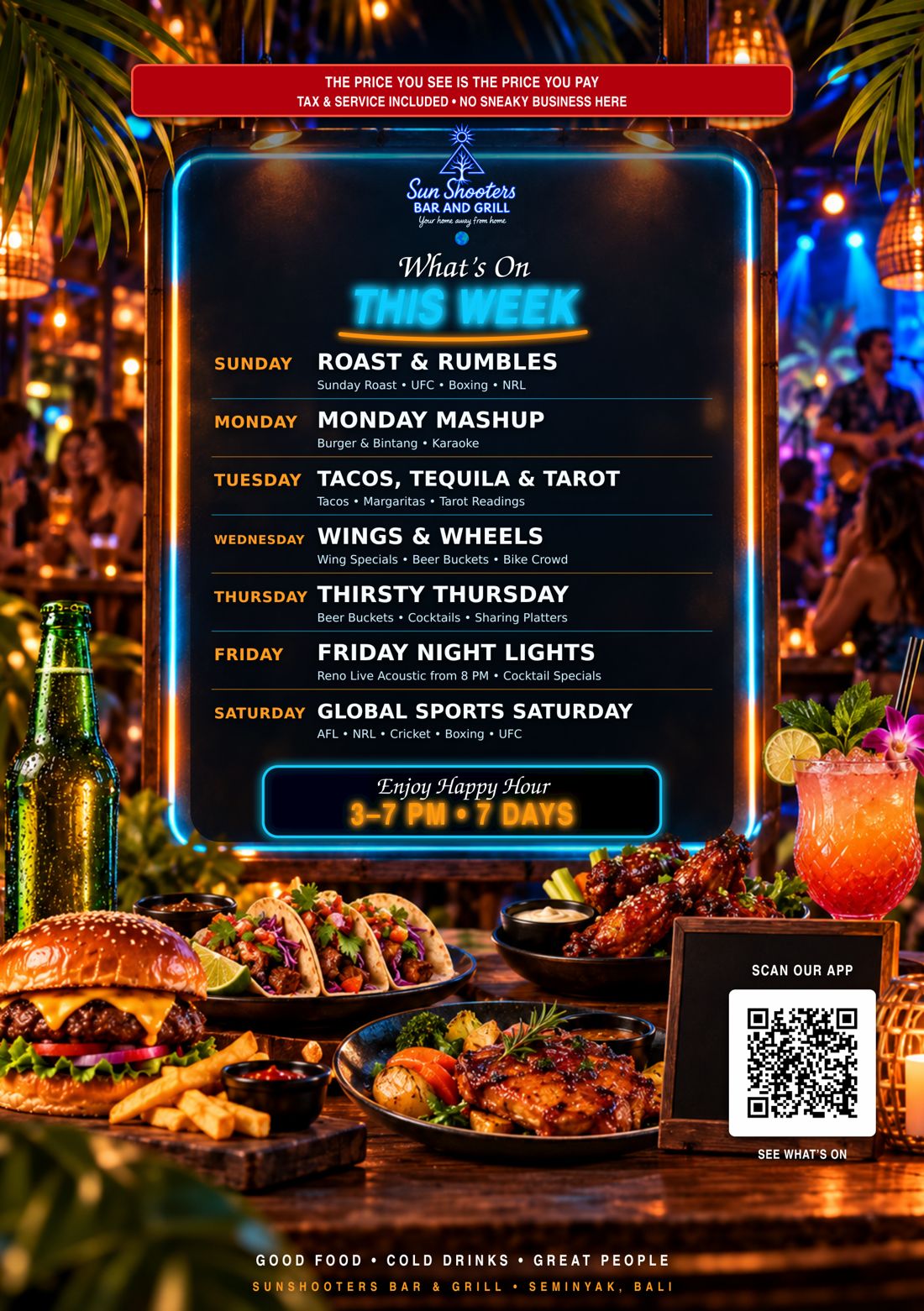 What's On This Week at Sun Shooters: Sunday Roast & Rumbles, Monday Mashup, Tacos Tequila & Tarot, Wings & Wheels, Thirsty Thursday, Friday Night Lights with Reno live from 8pm, Global Sports Saturday — Happy Hour 3–7pm, 7 days